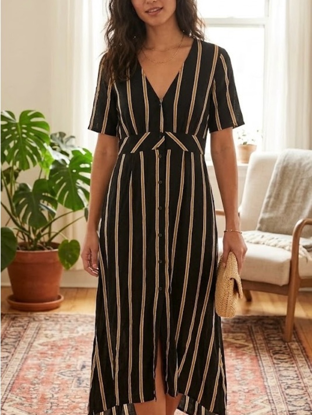 PULL & BEAR Black & Mustard Striped Button-Down Midi Dress // Boho-Chic Morocco